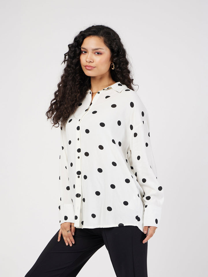 Women White &amp; Black Polka Dot Oversize Shirt