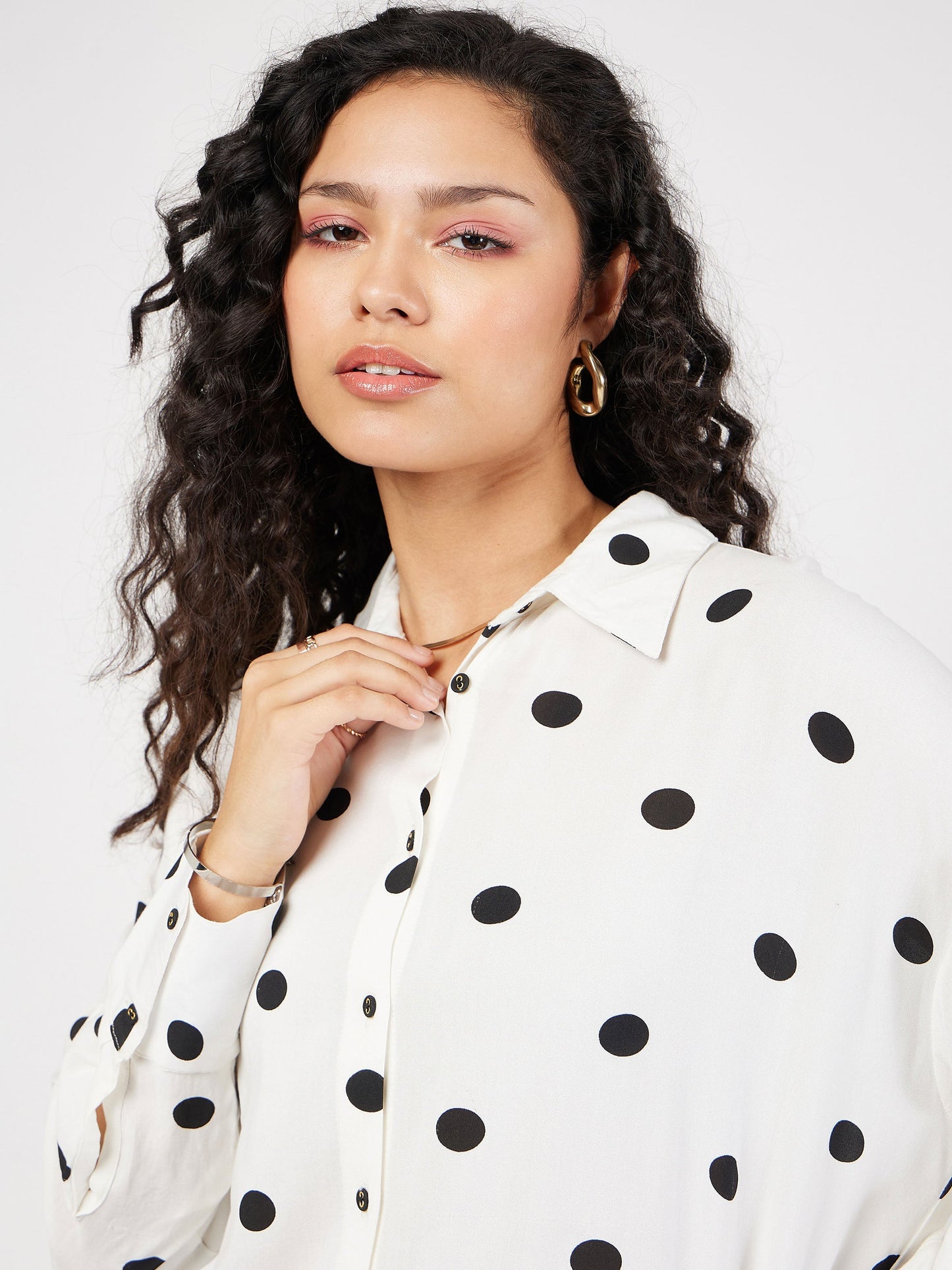 Women White & Black Polka Dot Oversize Shirt