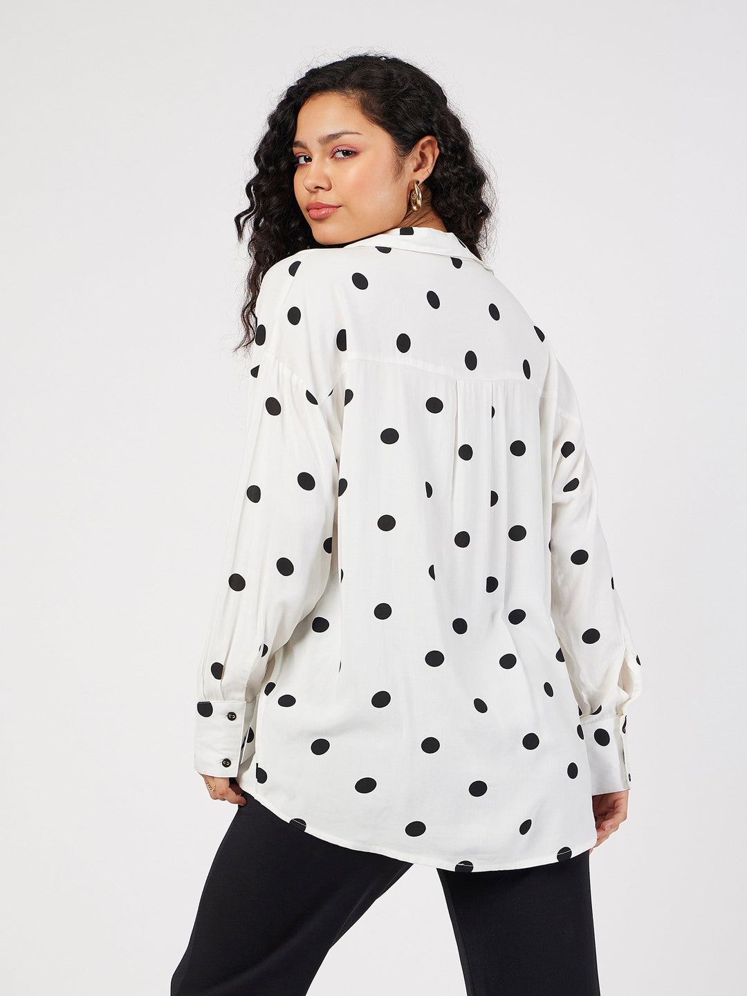 Women White &amp; Black Polka Dot Oversize Shirt
