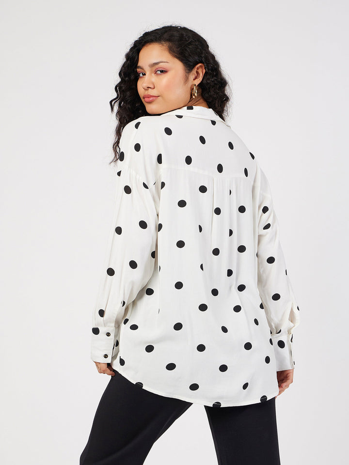 Women White &amp; Black Polka Dot Oversize Shirt