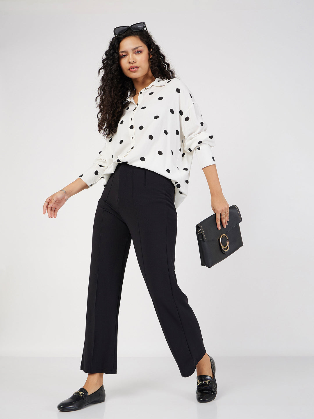Women White &amp; Black Polka Dot Oversize Shirt
