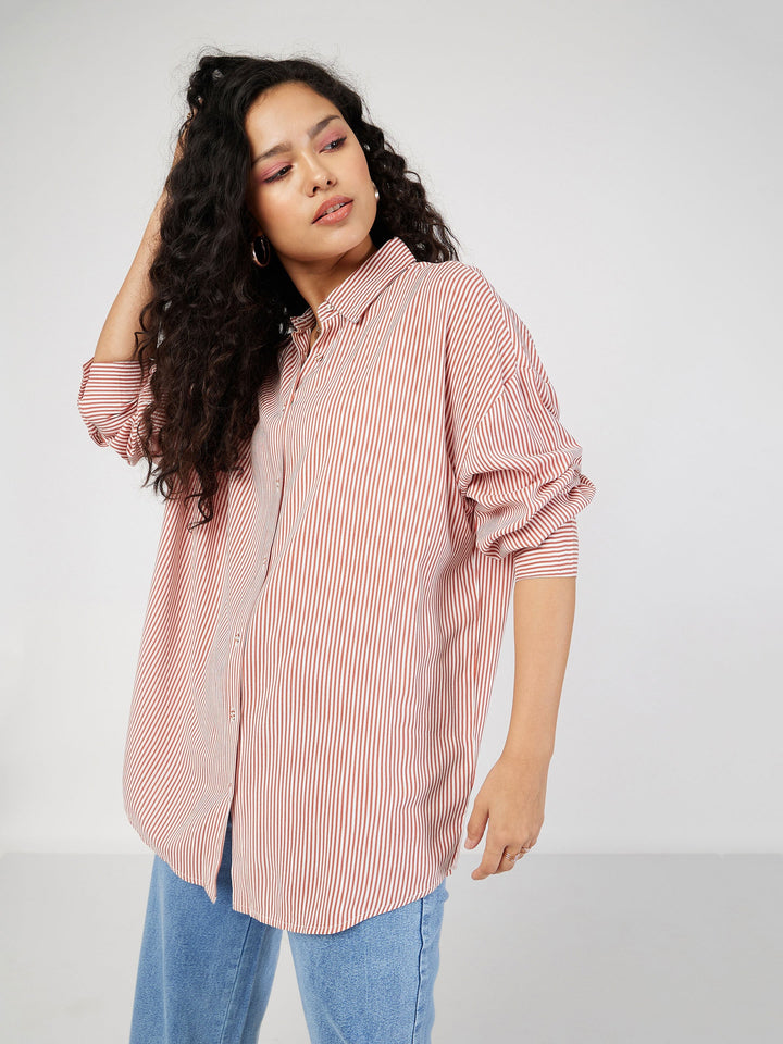 Women Red &amp; White Pinstriped Oversize Shirt
