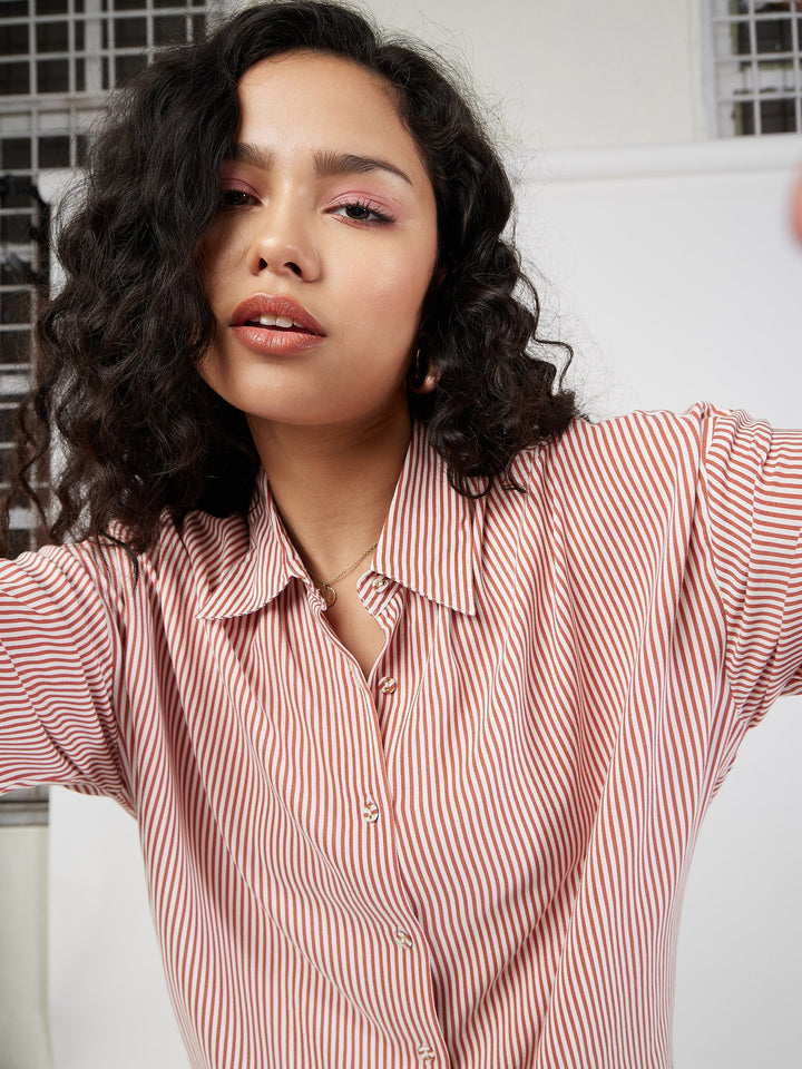 Women Red &amp; White Pinstriped Oversize Shirt