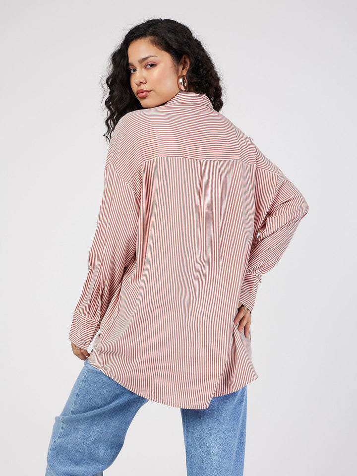 Women Red &amp; White Pinstriped Oversize Shirt
