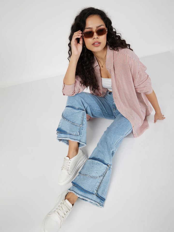 Women Red &amp; White Pinstriped Oversize Shirt