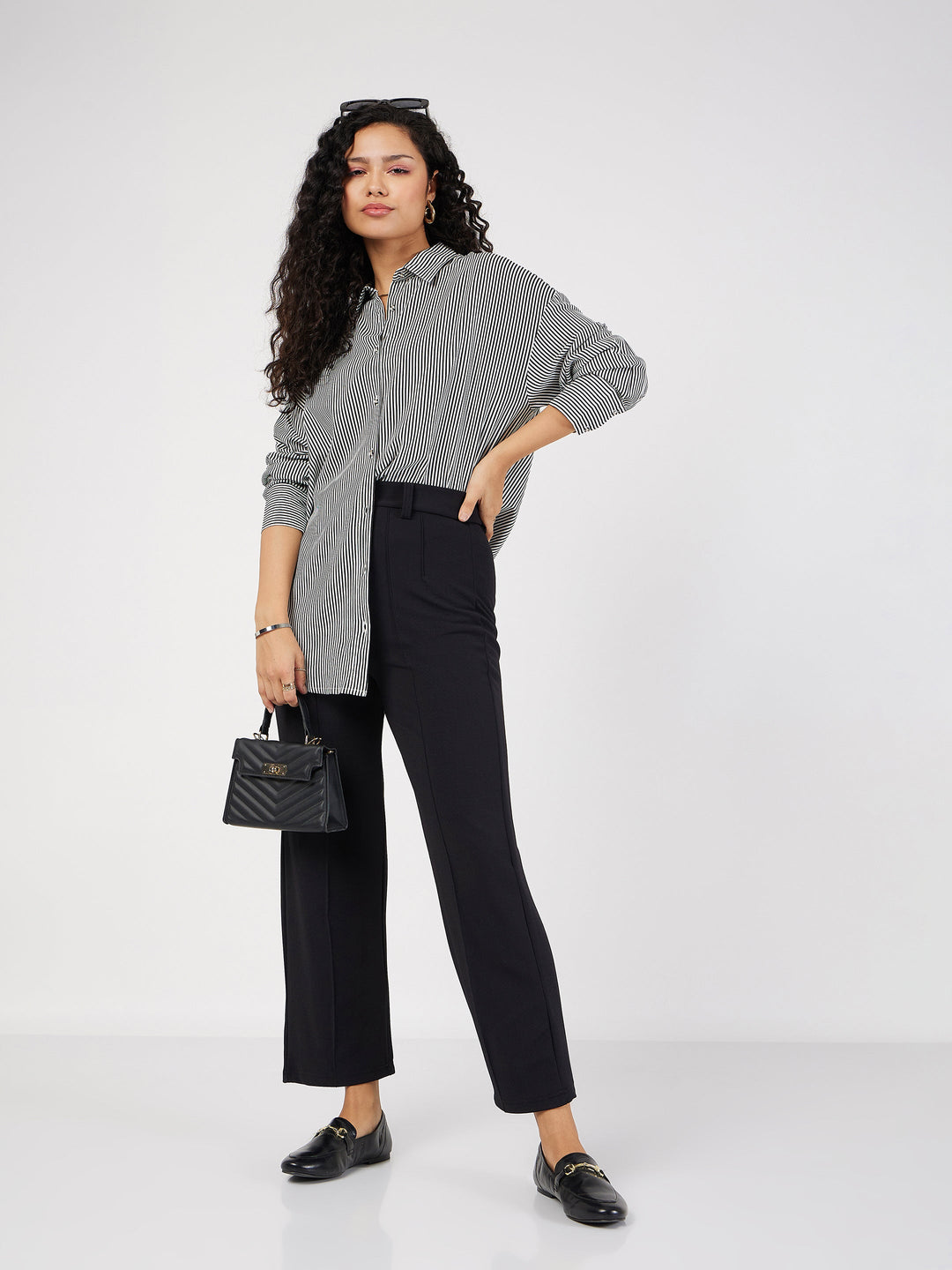 Women Black &amp; White Pinstriped Oversize Shirt