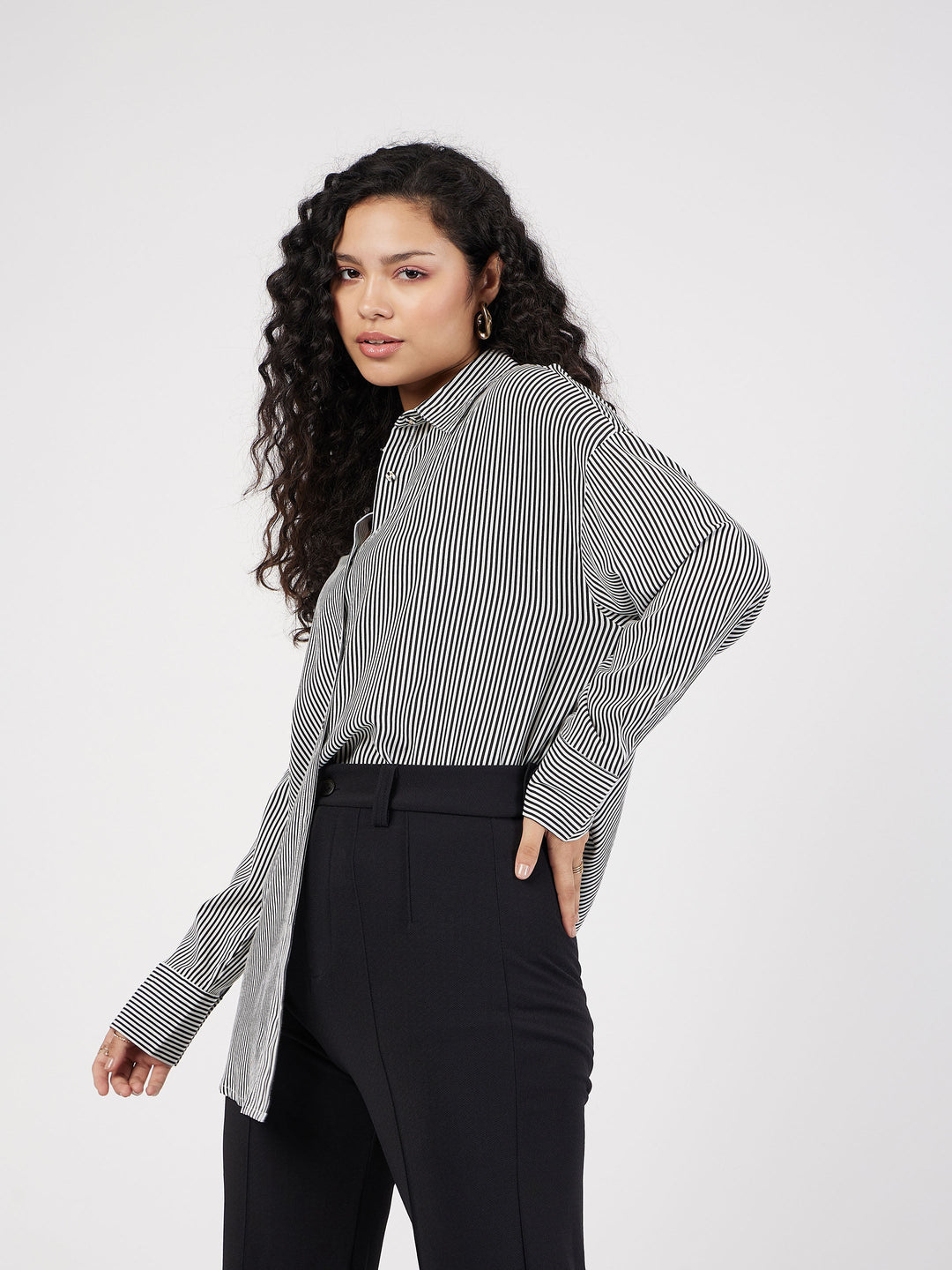 Women Black &amp; White Pinstriped Oversize Shirt