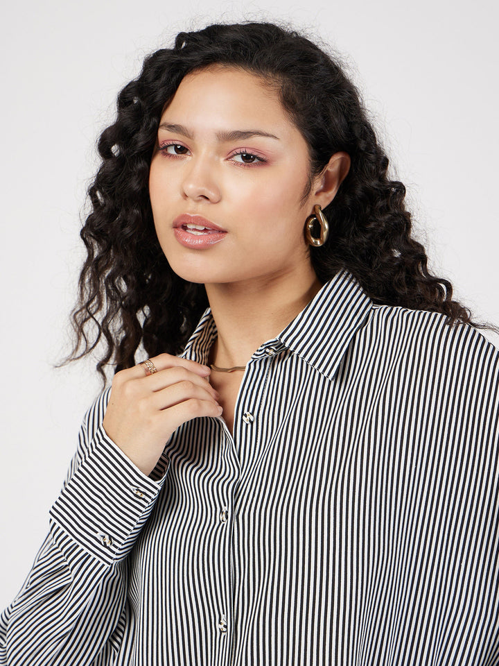 Women Black &amp; White Pinstriped Oversize Shirt