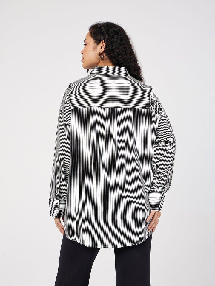Women Black &amp; White Pinstriped Oversize Shirt