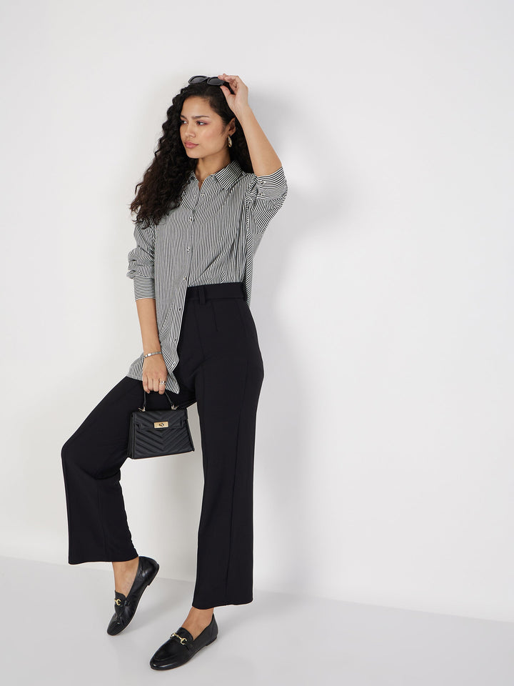 Women Black &amp; White Pinstriped Oversize Shirt
