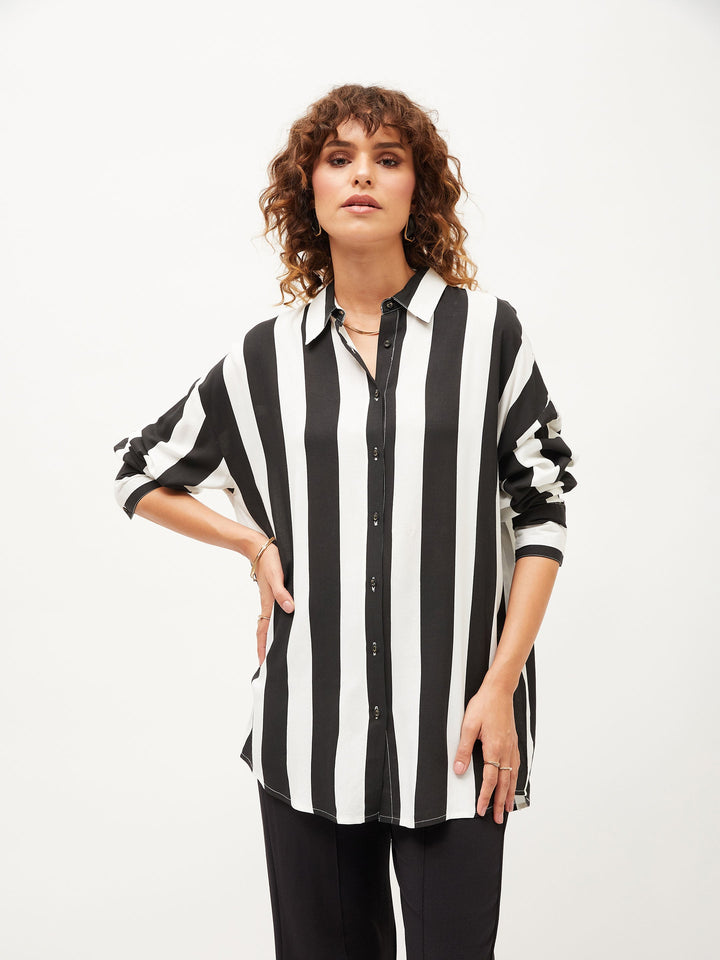 Women Black &amp; White Striped Oversize Shirt