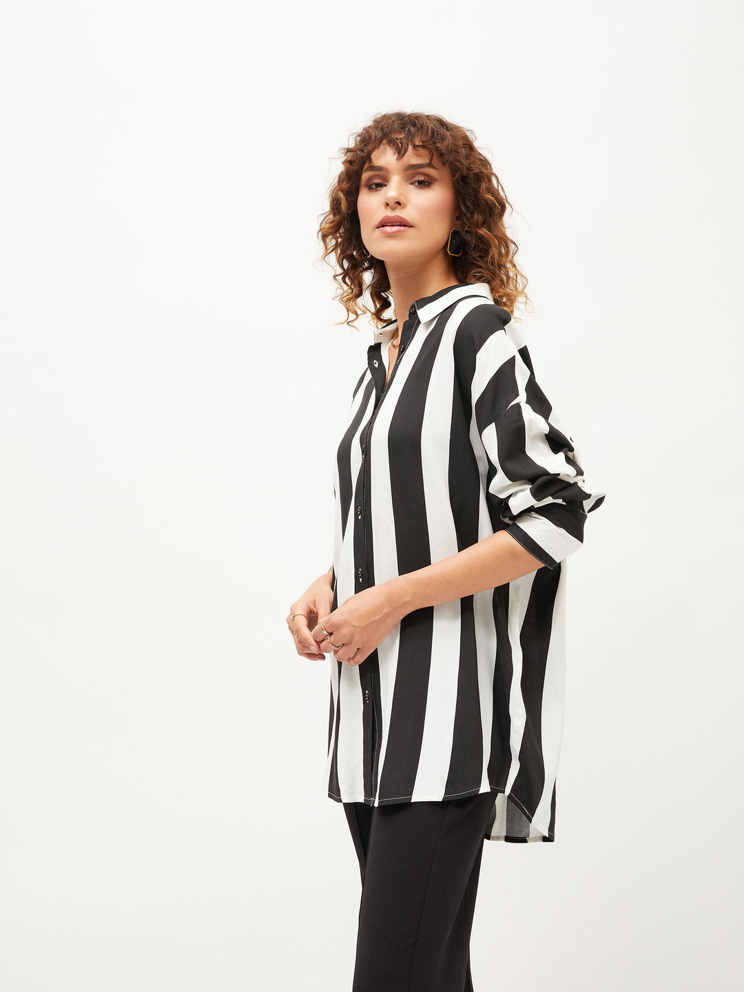 Women Black &amp; White Striped Oversize Shirt