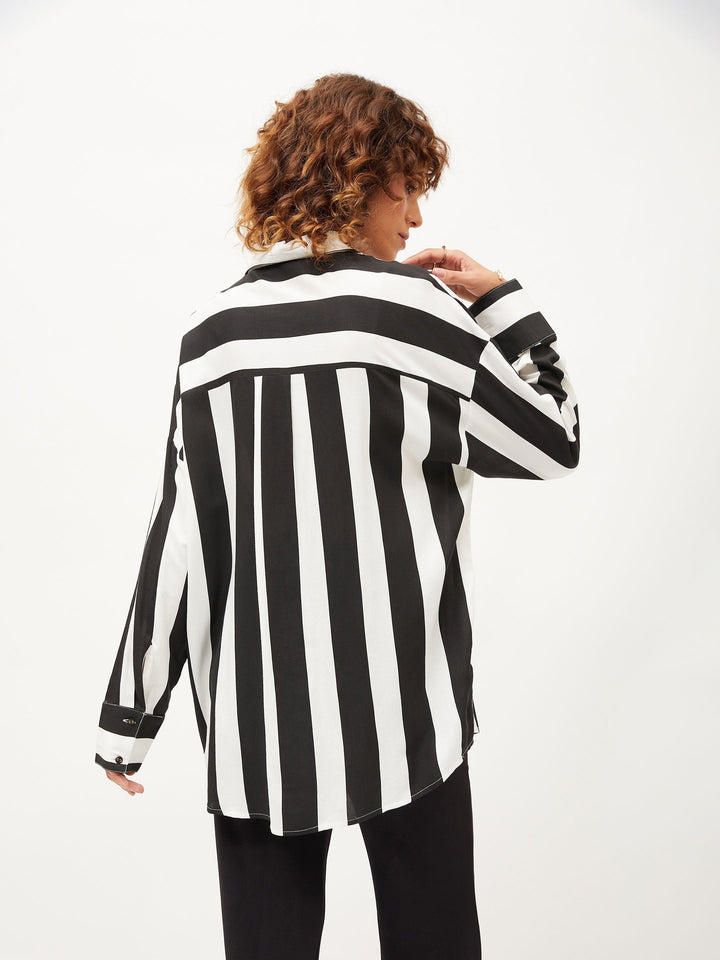 Women Black &amp; White Striped Oversize Shirt