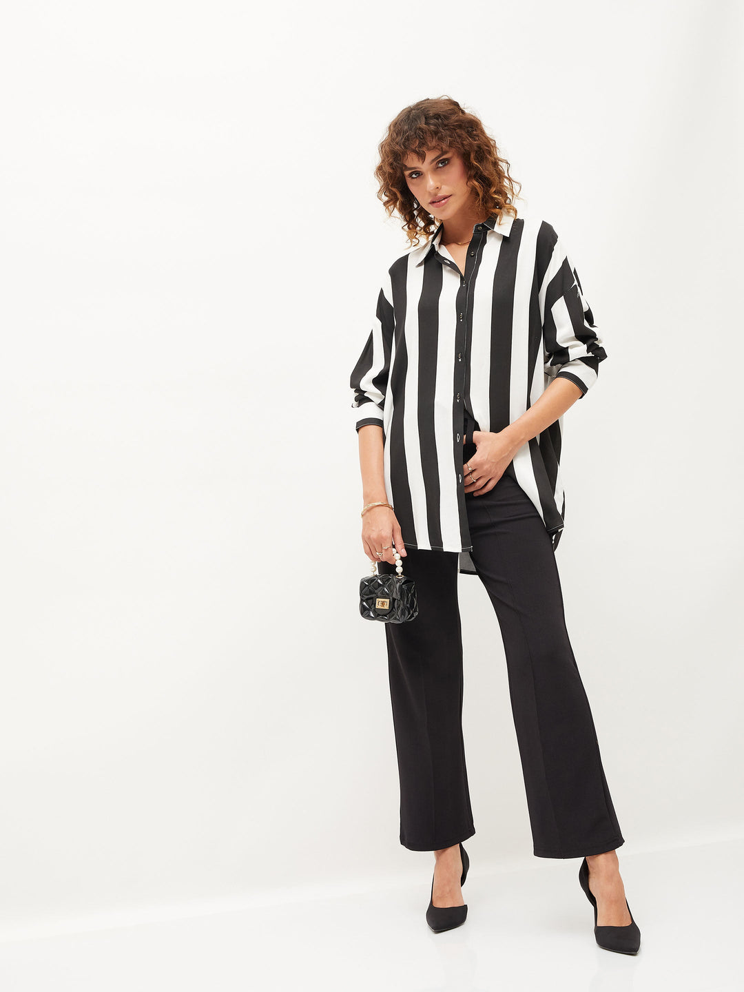 Women Black &amp; White Striped Oversize Shirt