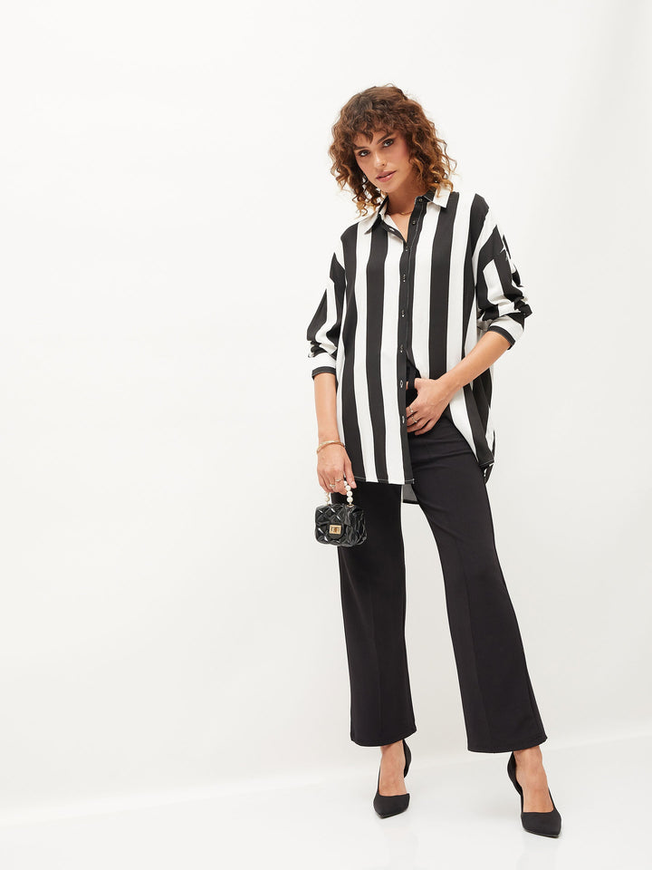 Women Black &amp; White Striped Oversize Shirt