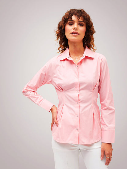Pink Poplin Pleated Fold Slim Waist Shirt
