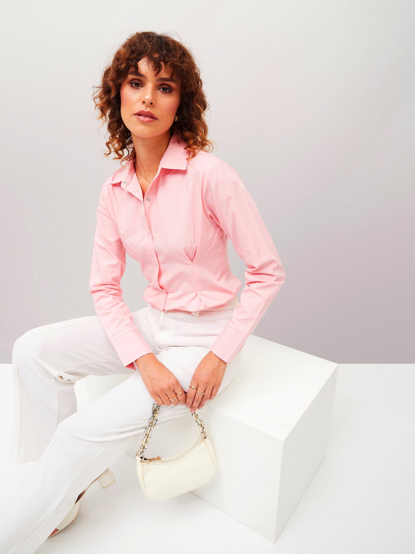Pink Poplin Pleated Fold Slim Waist Shirt