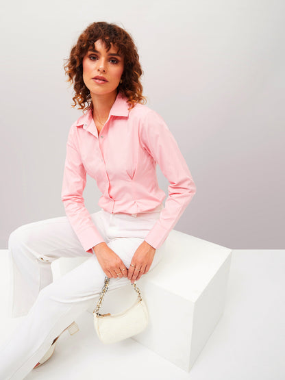 Pink Poplin Pleated Fold Slim Waist Shirt