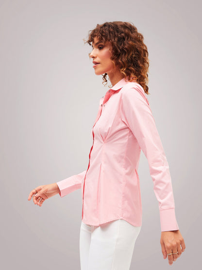 Pink Poplin Pleated Fold Slim Waist Shirt
