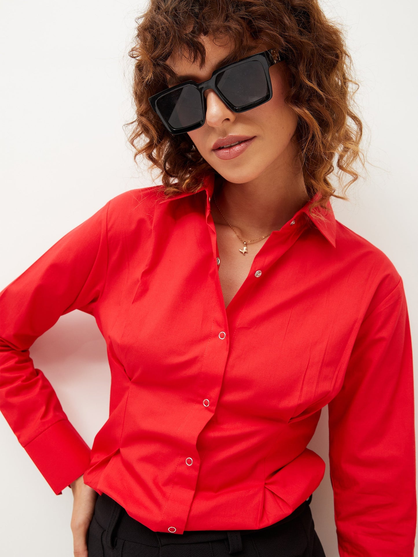 Red Poplin Pleated Fold Slim Waist Shirt