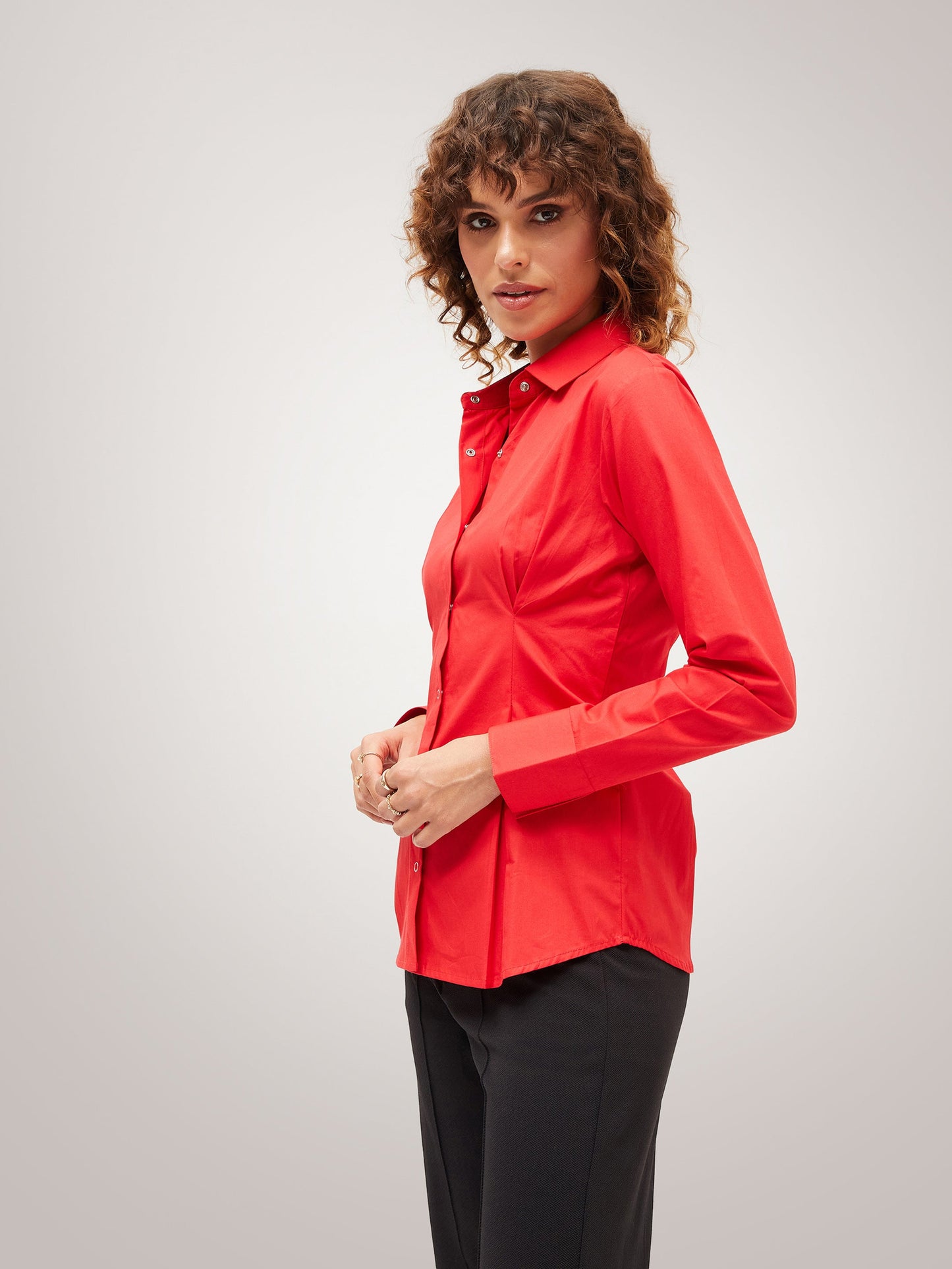 Red Poplin Pleated Fold Slim Waist Shirt