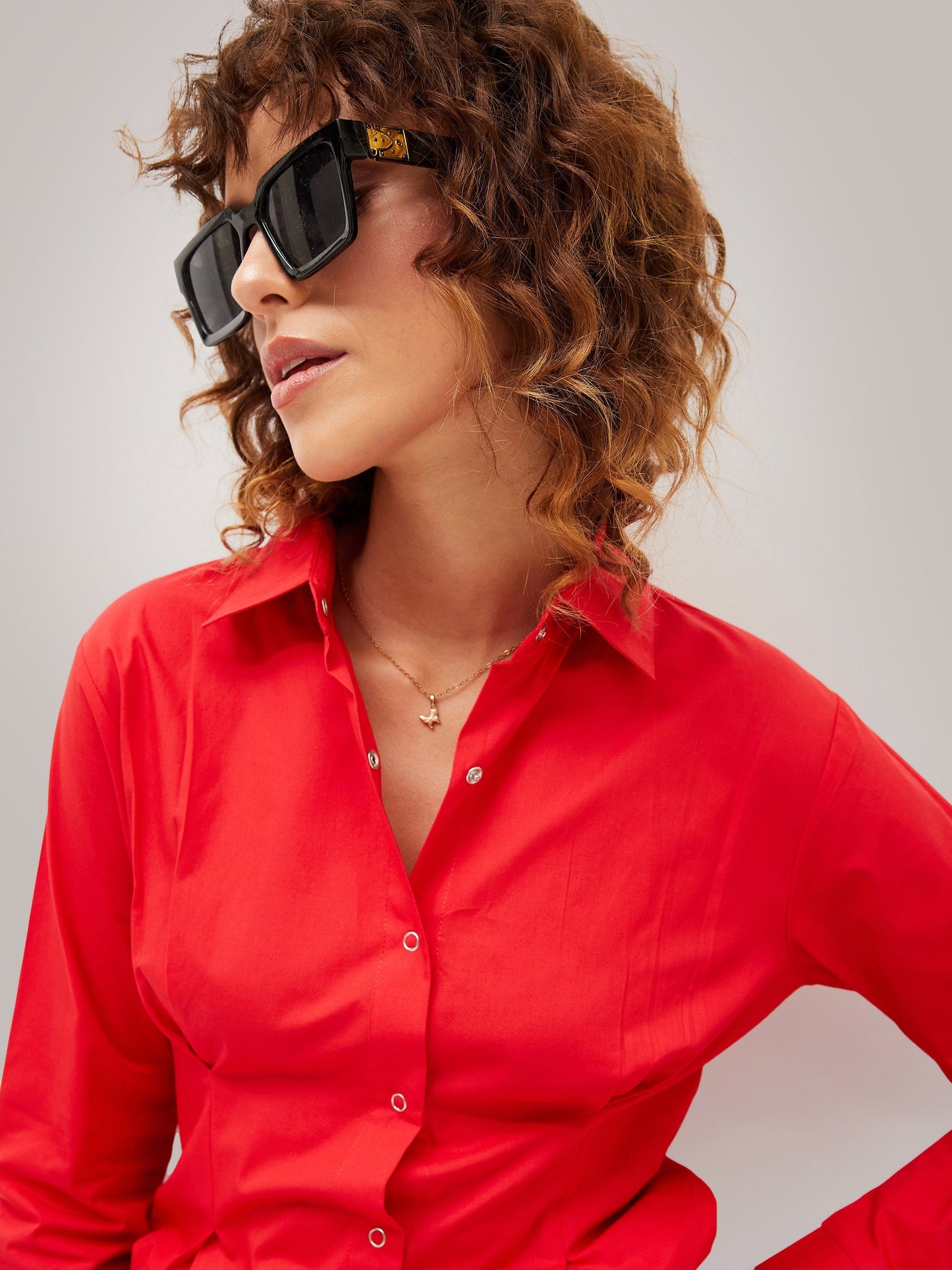 Red Poplin Pleated Fold Slim Waist Shirt