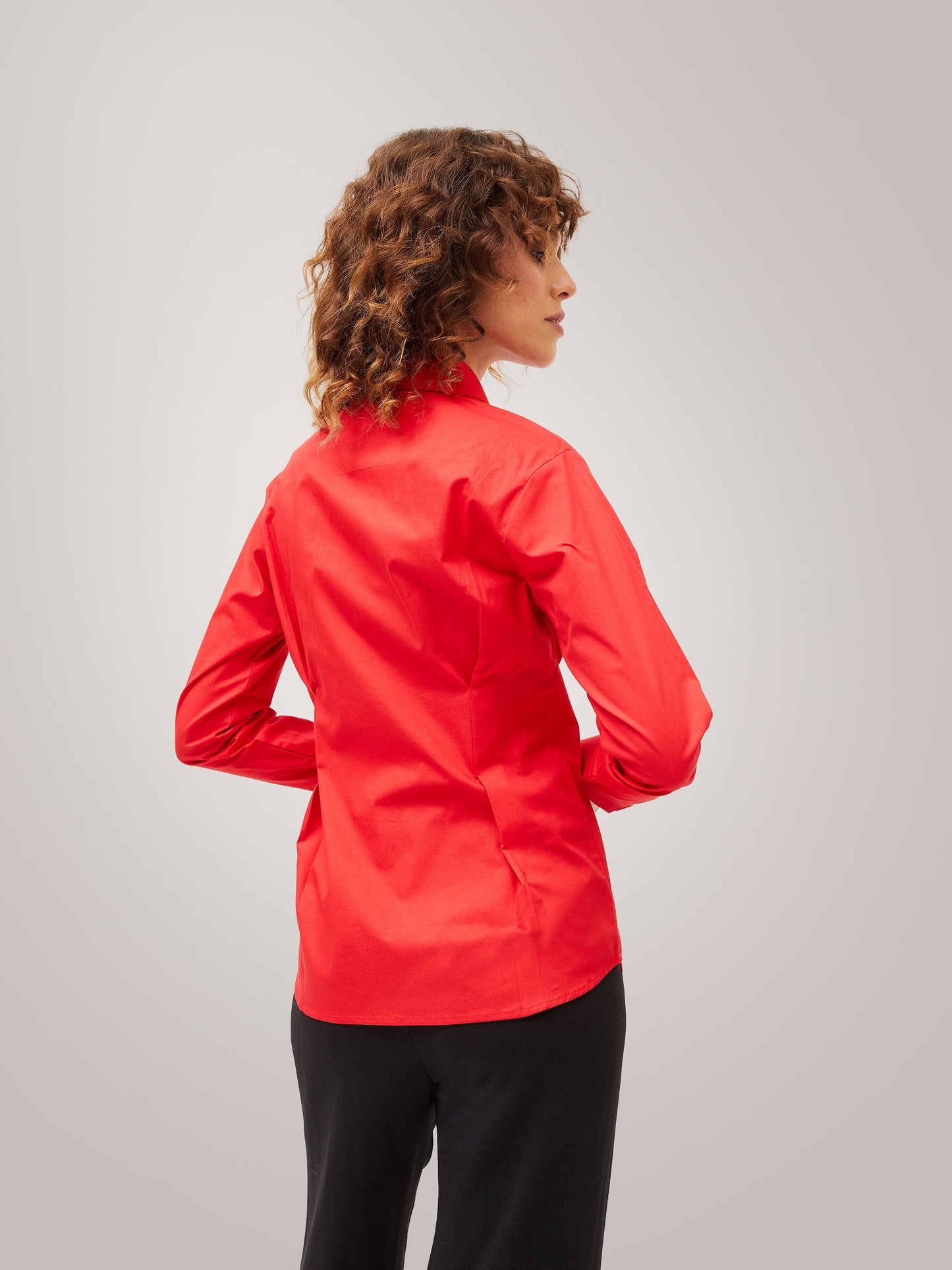 Red Poplin Pleated Fold Slim Waist Shirt