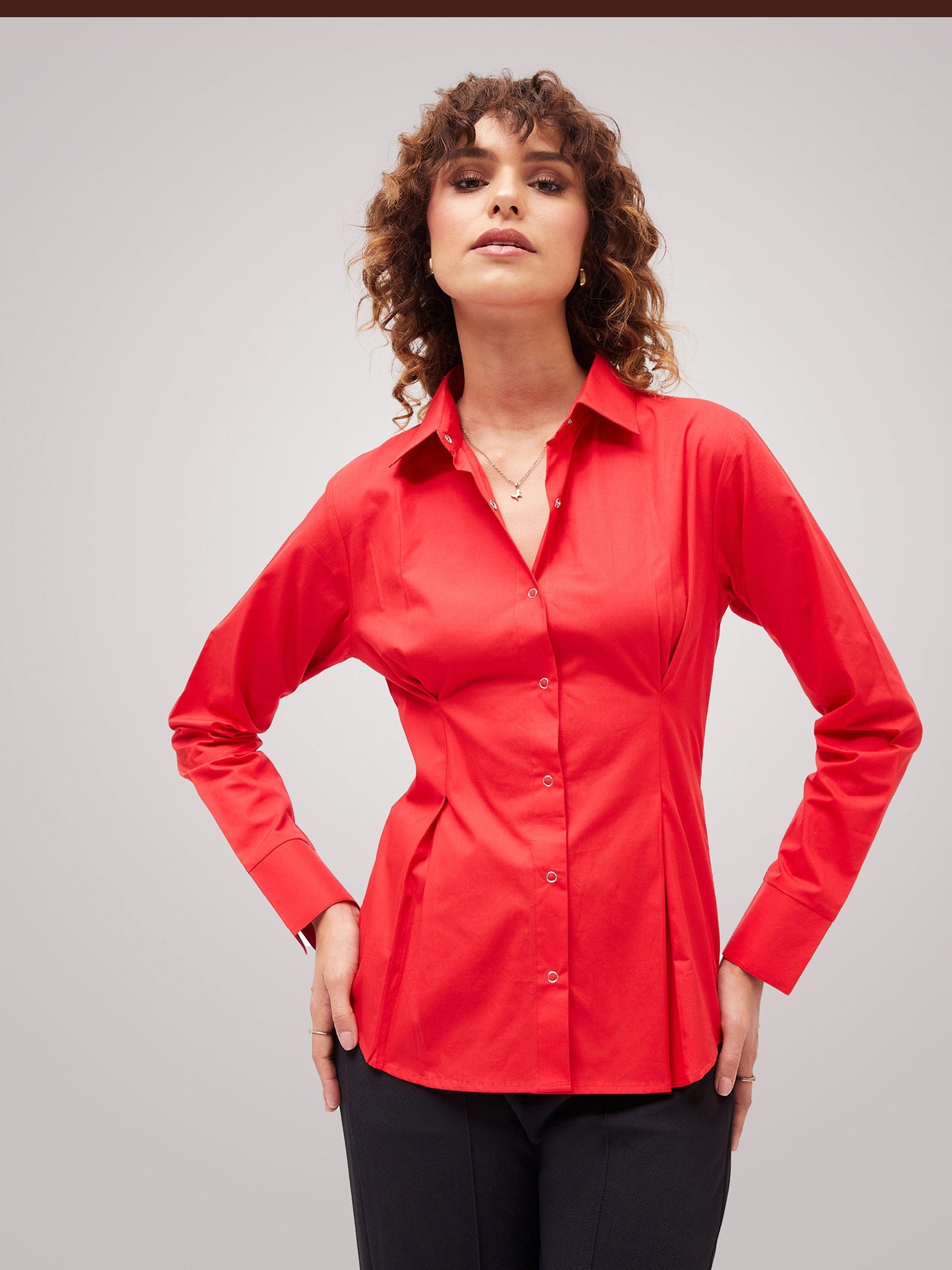Red Poplin Pleated Fold Slim Waist Shirt