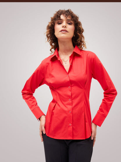 Red Poplin Pleated Fold Slim Waist Shirt