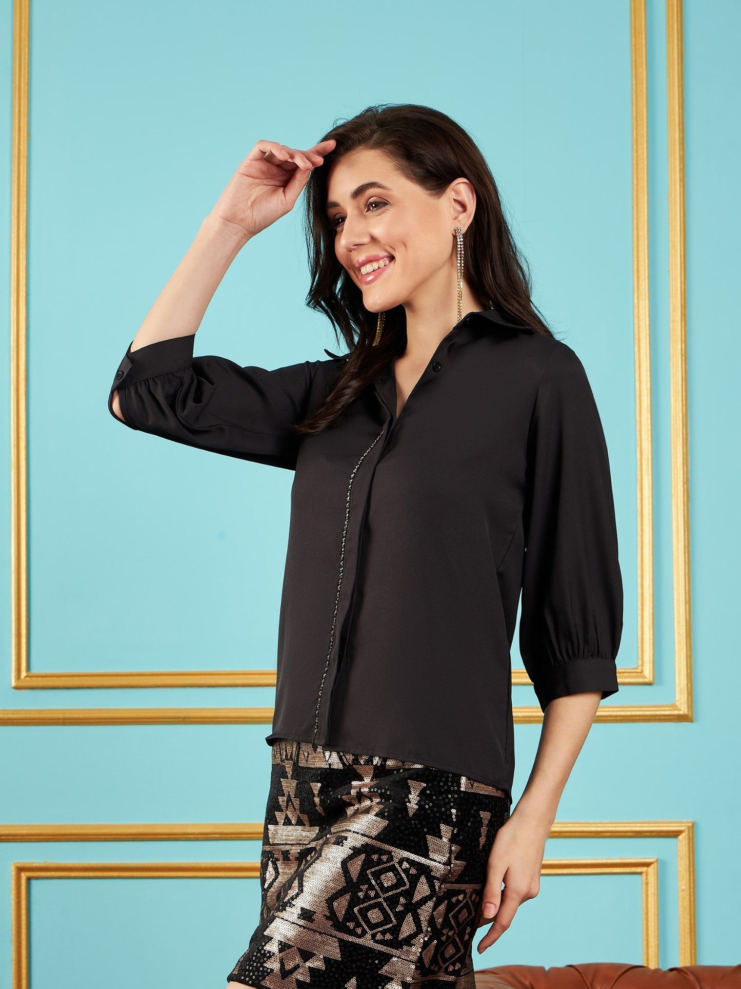 Black Embroidered Placket Shirt