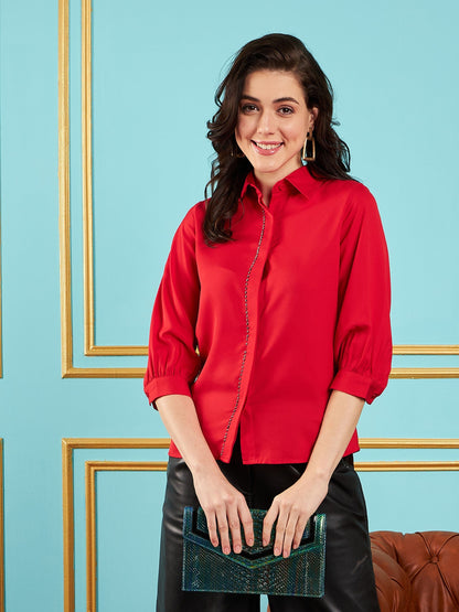 Red Embroidered Placket Shirt
