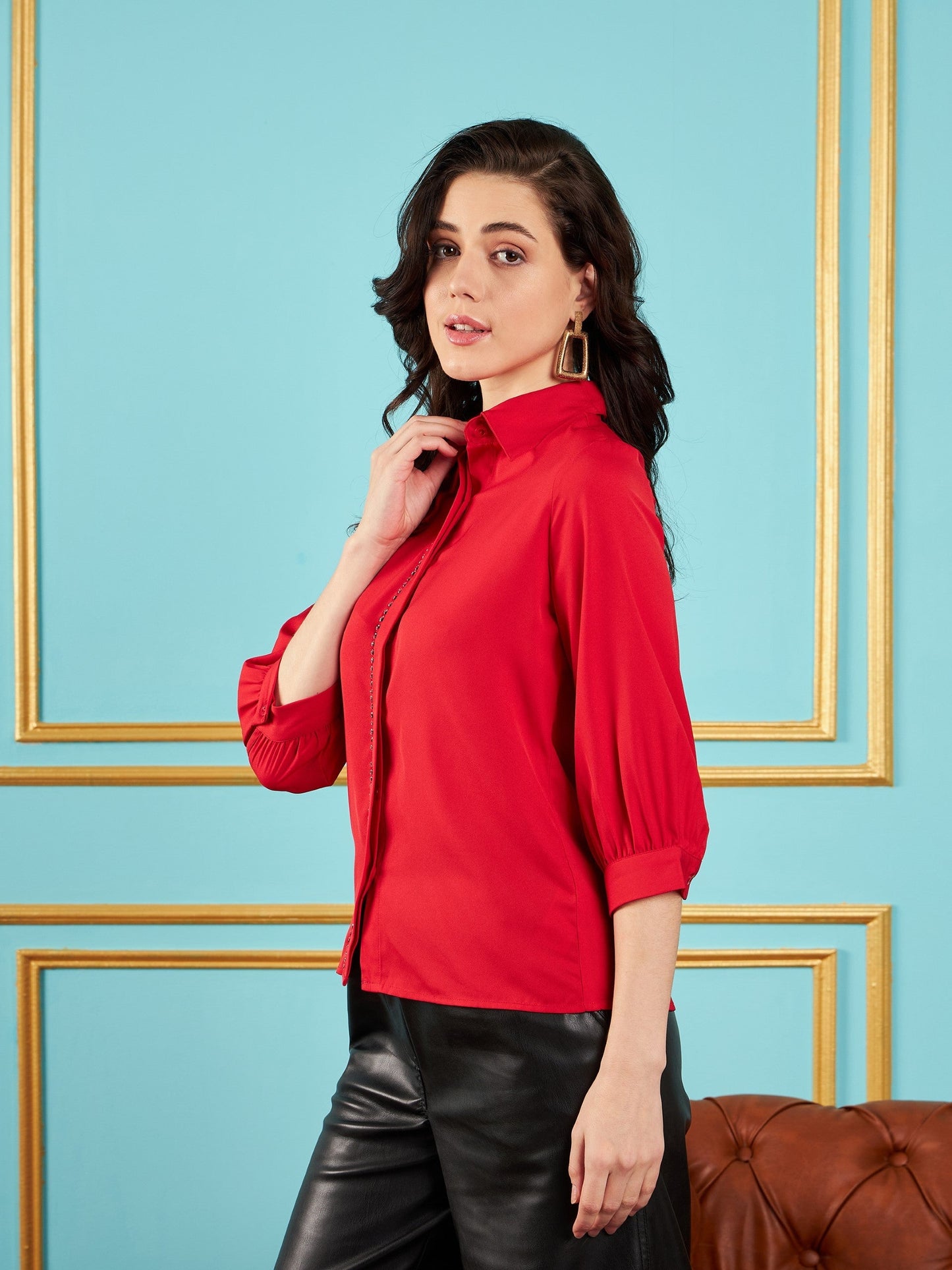 Red Embroidered Placket Shirt
