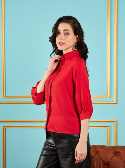Red Embroidered Placket Shirt