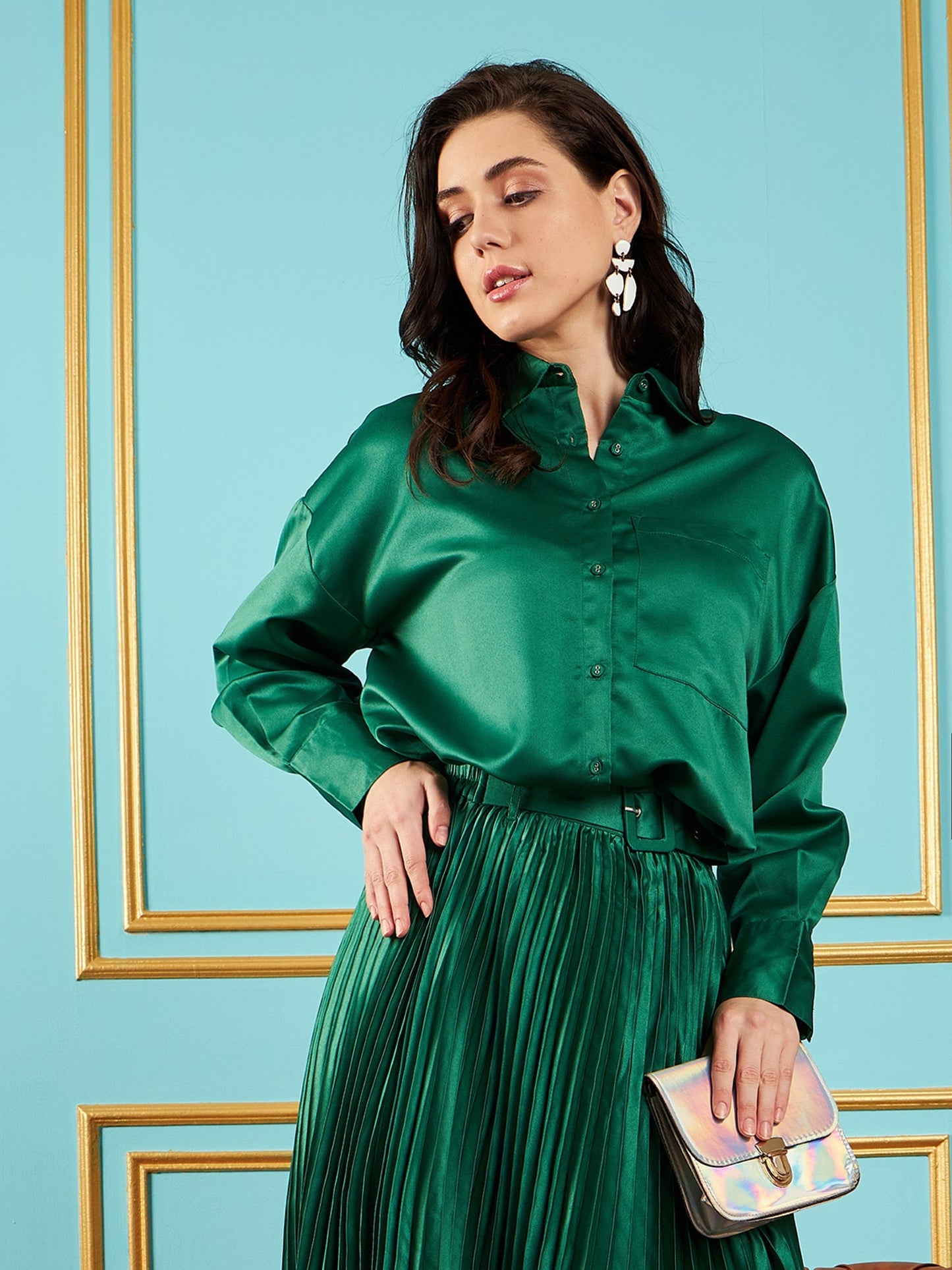Green Satin Oversized Shirt