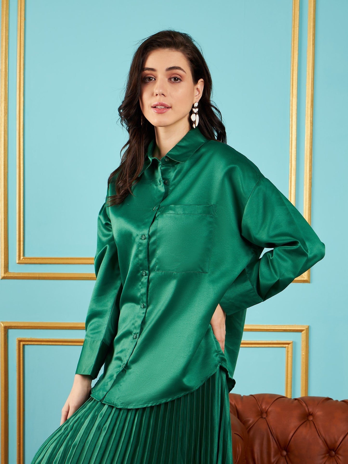 Green Satin Oversized Shirt