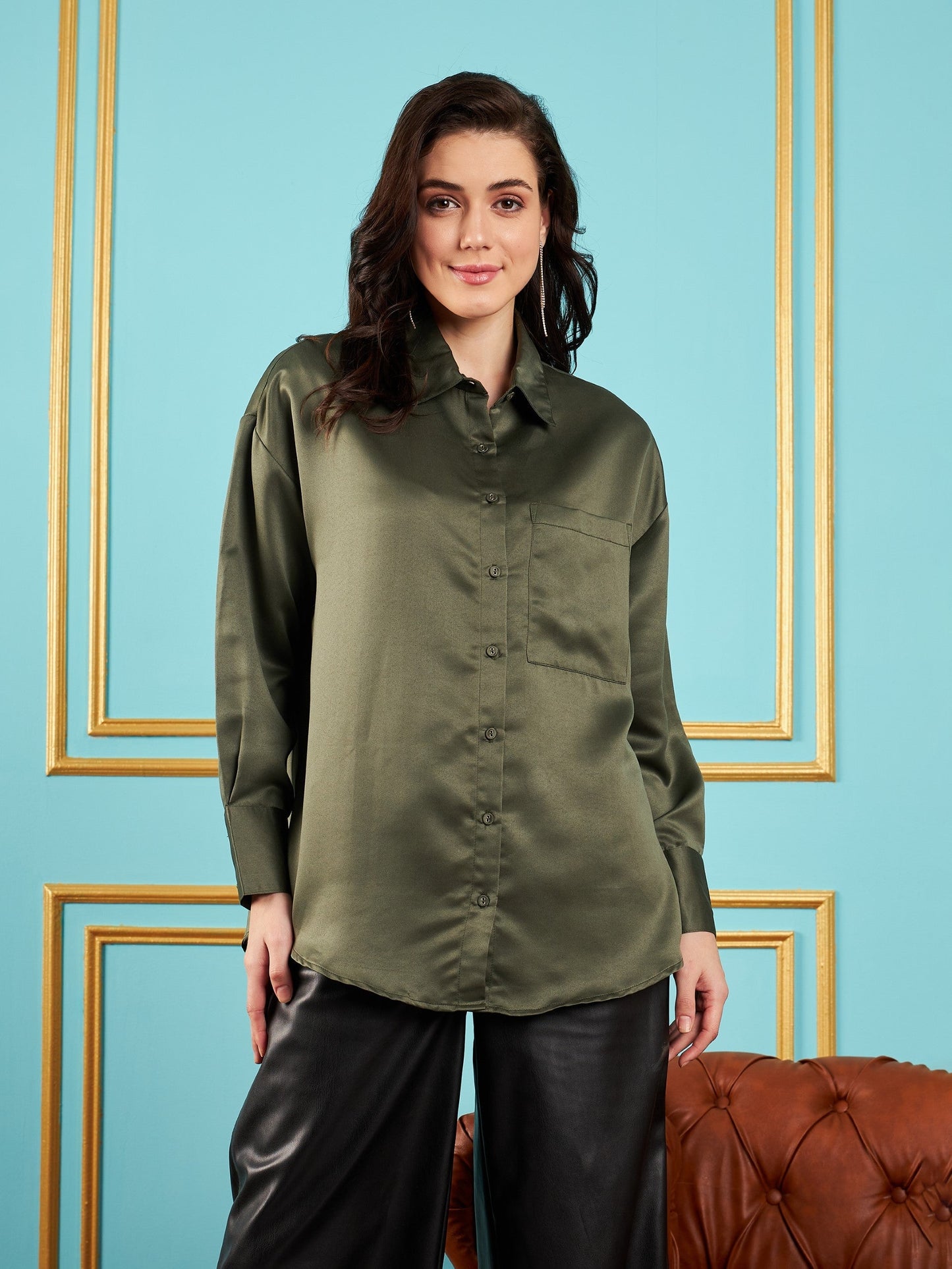 Olive Satin Oversized Shirt