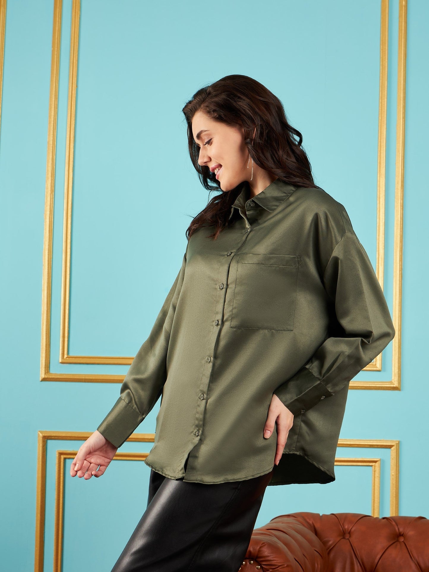 Olive Satin Oversized Shirt