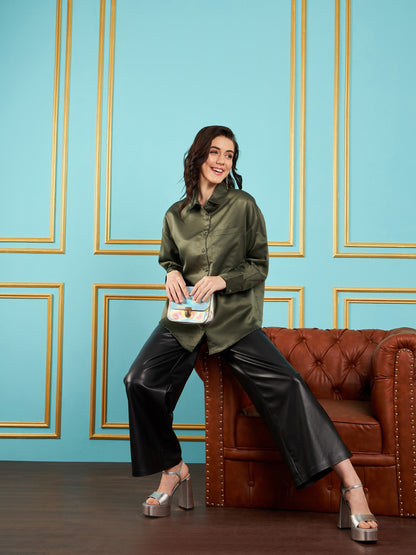 Olive Satin Oversized Shirt