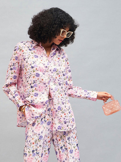 Women Pink Satin Floral Oversized Shirt