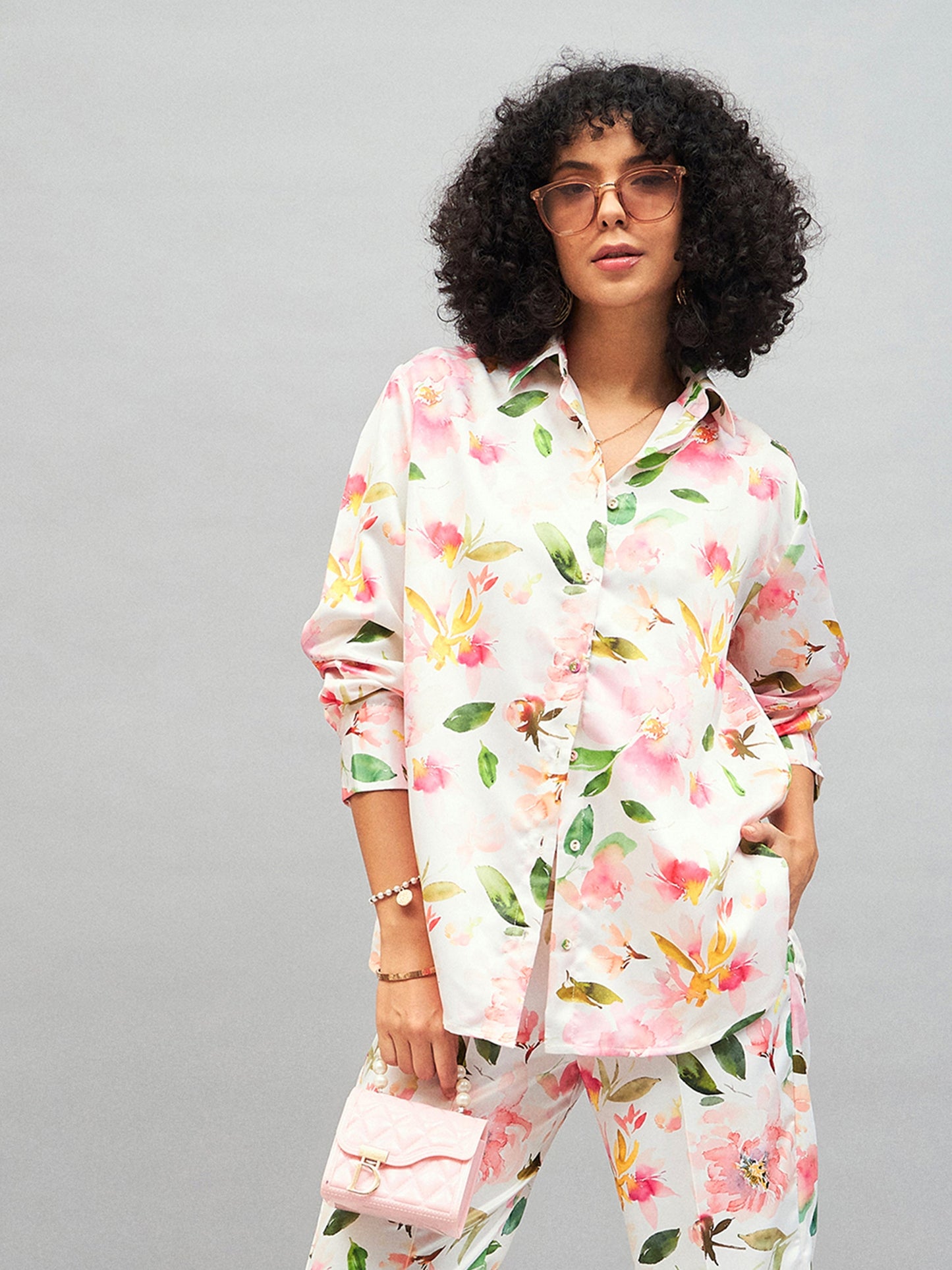 White Satin Floral Oversized Shirt