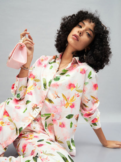 White Satin Floral Oversized Shirt