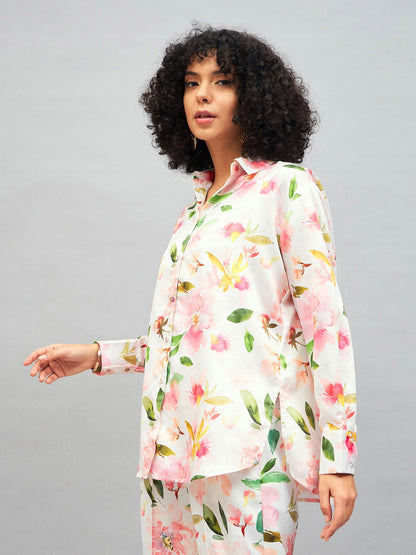 White Satin Floral Oversized Shirt