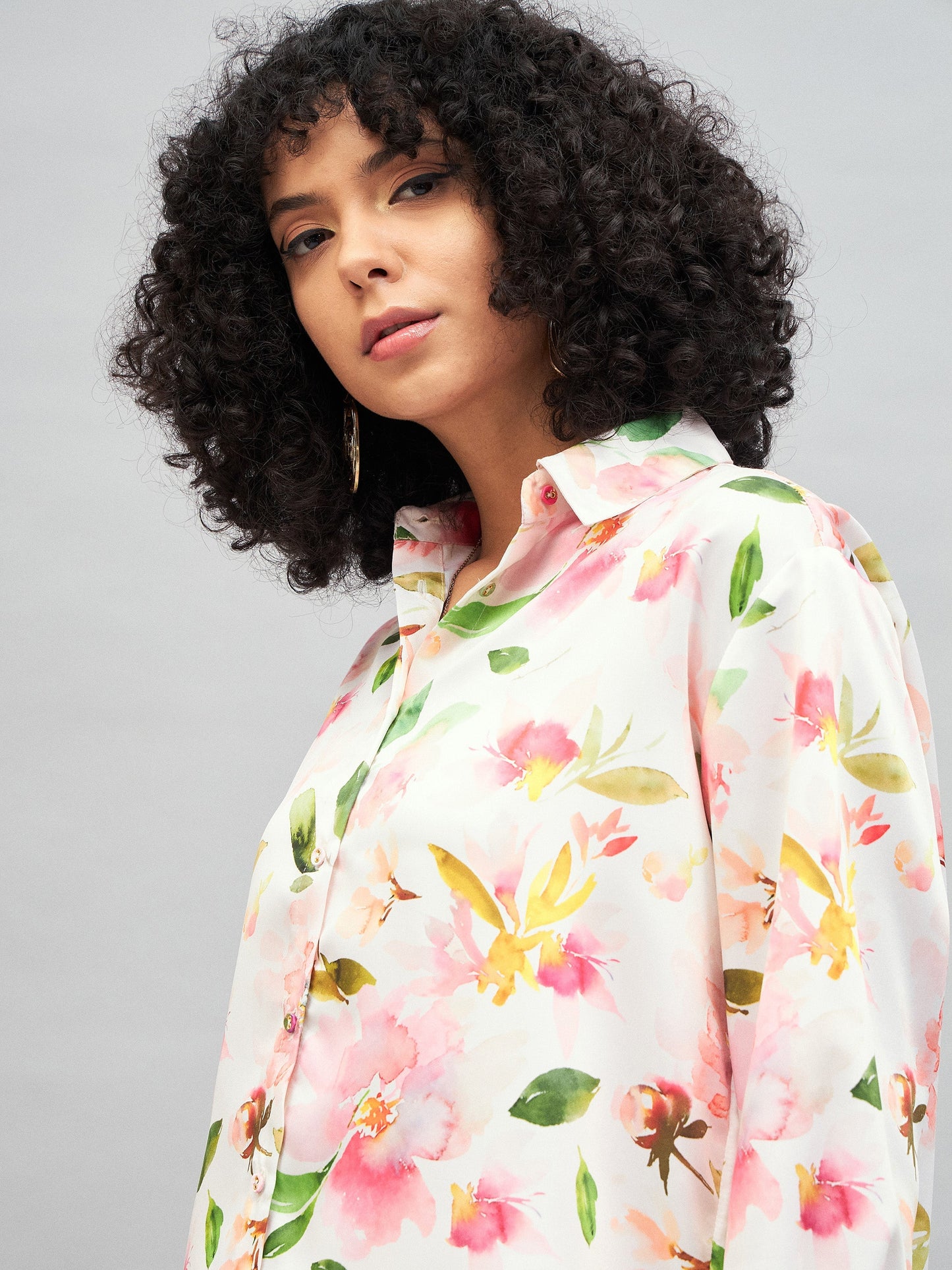 White Satin Floral Oversized Shirt