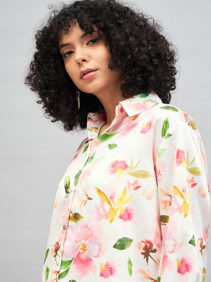White Satin Floral Oversized Shirt
