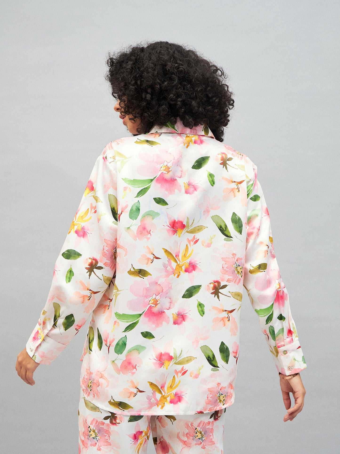 White Satin Floral Oversized Shirt