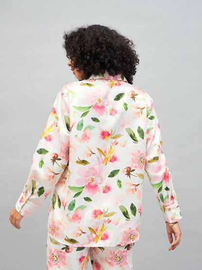 White Satin Floral Oversized Shirt