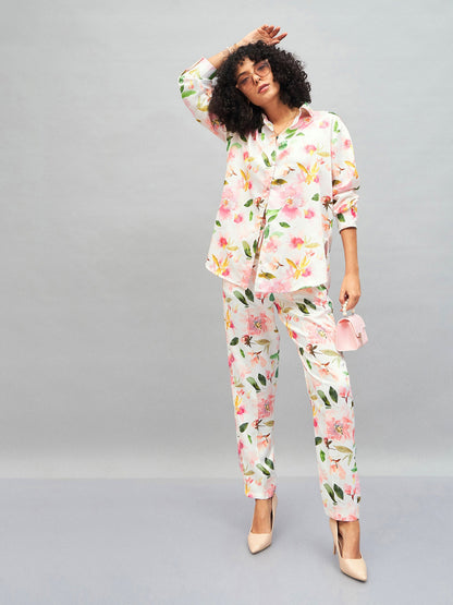 White Satin Floral Oversized Shirt