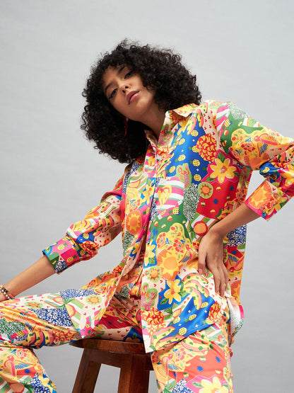 Yellow Multi Satin Abstract Oversized Shirt