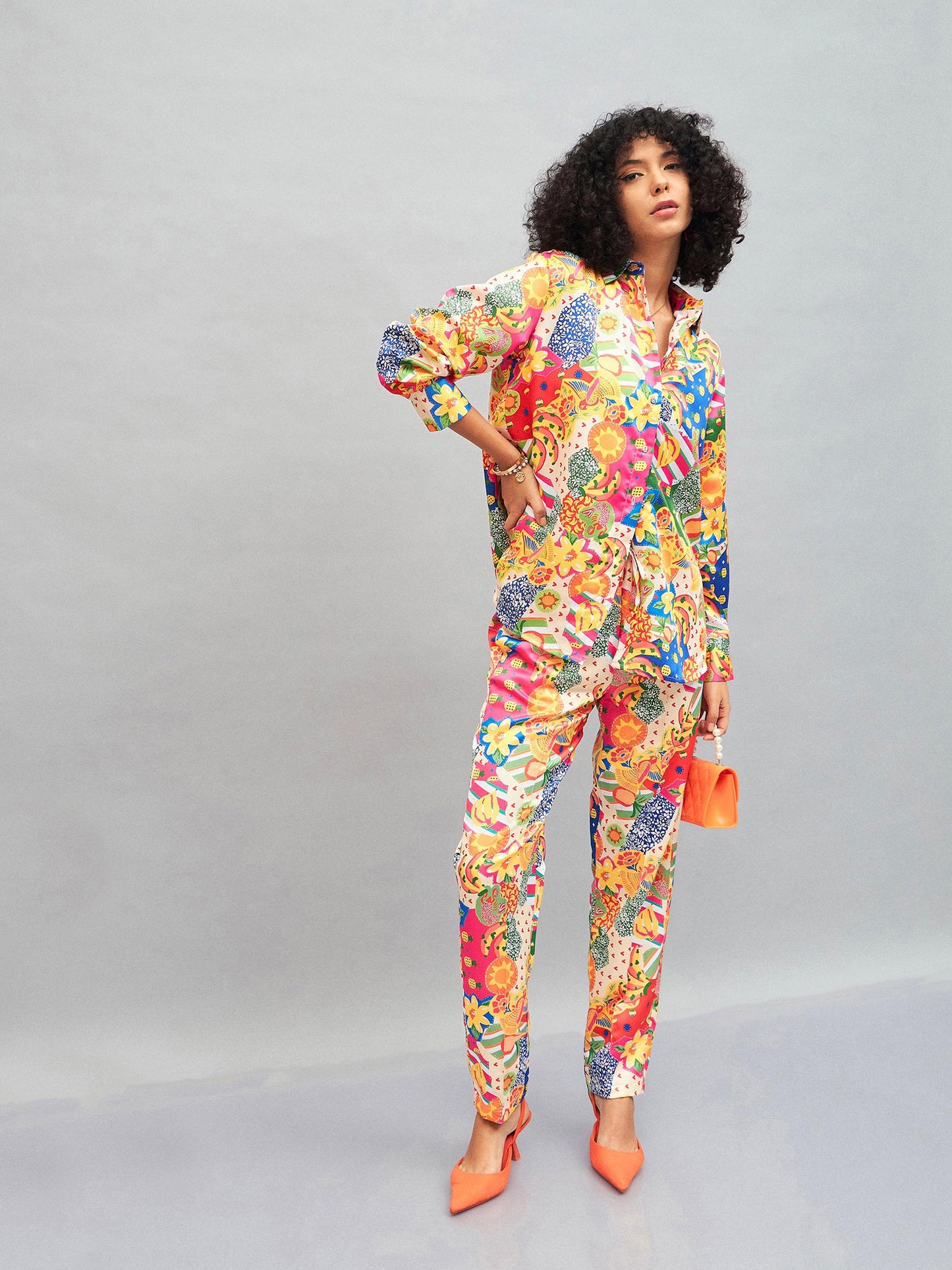 Yellow Multi Satin Abstract Oversized Shirt