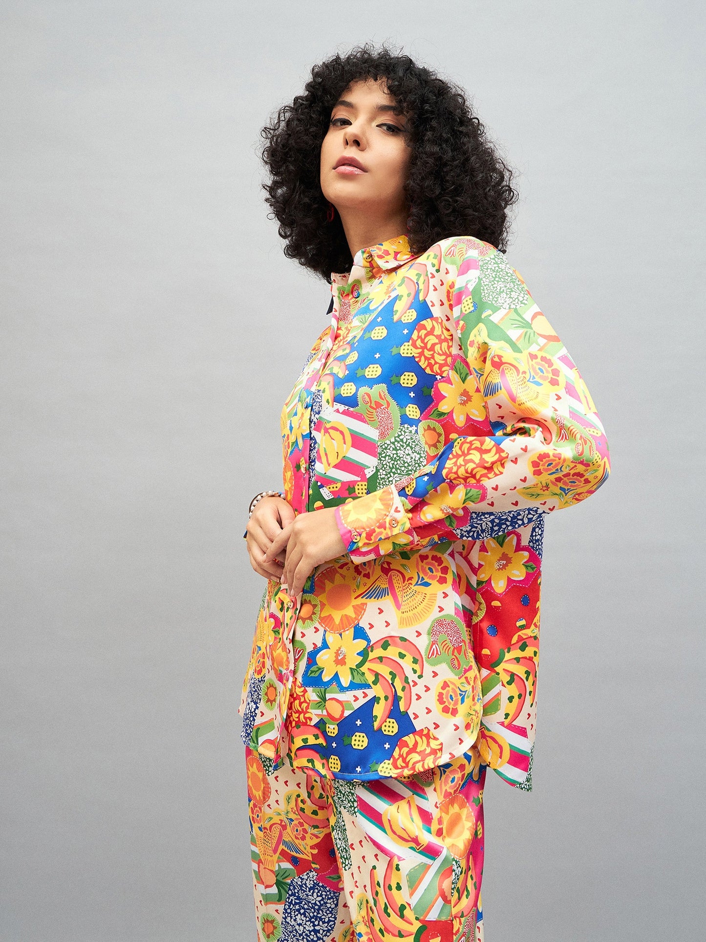 Yellow Multi Satin Abstract Oversized Shirt